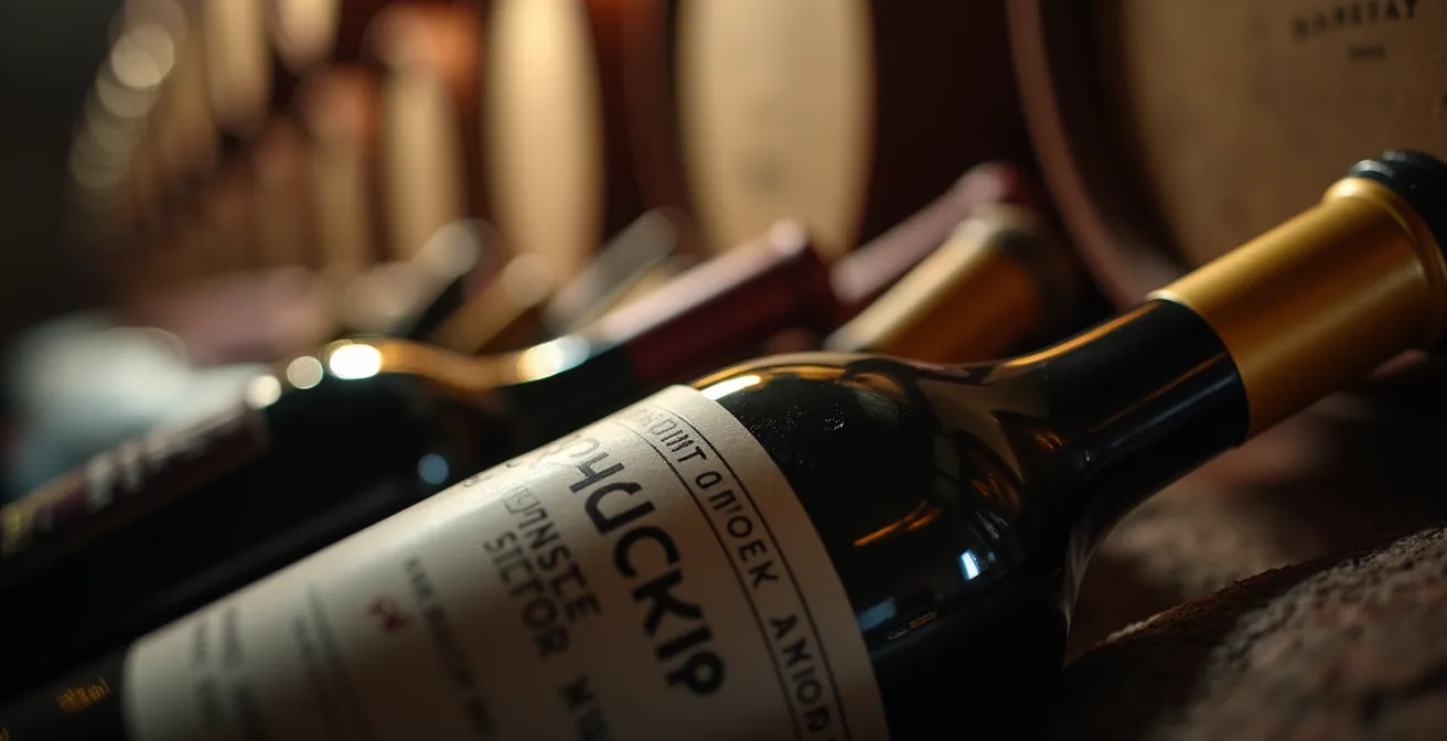 Vue macro avec effet bokeh des bouteilles de vin en cave, lumière douce et textures fines