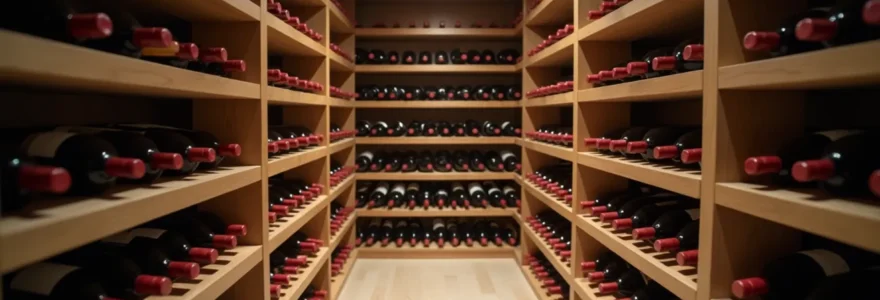 Photographie réaliste d'une cave à vin moderne avec bouteilles alignées, éclairage cinématographique doux, bokeh naturel, composition élégante avec espace négatif pour la mise en valeur