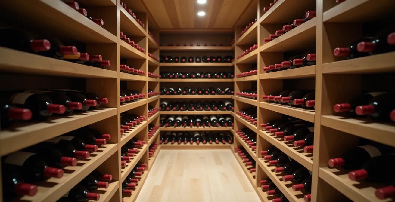 Photographie réaliste d'une cave à vin moderne avec bouteilles alignées, éclairage cinématographique doux, bokeh naturel, composition élégante avec espace négatif pour la mise en valeur