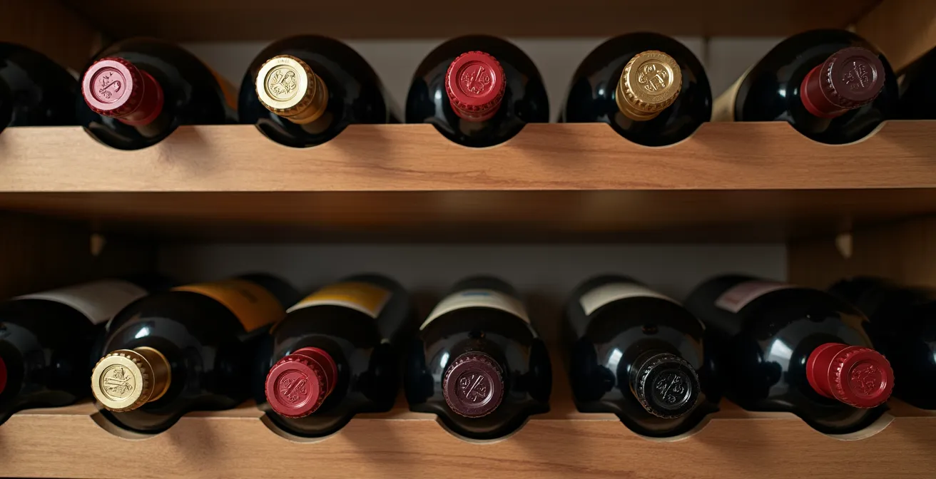 Présentation visuelle de bouteilles de vin de différents formats empilées dans une cave bien organisée