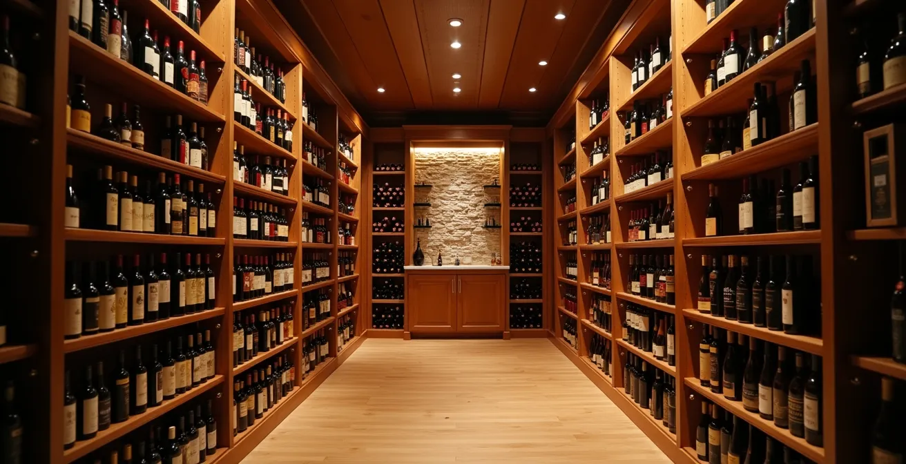Intérieur élégant et organisé d'une cave à vin avec éclairage doux et bois chaleureux