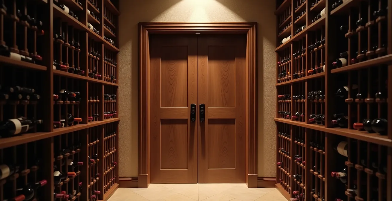 Porte pleine d'une cave à vin avec design élégant, lumière tamisée et ambiance feutrée