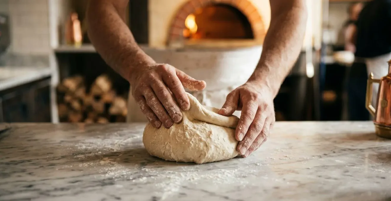 Des mains expertes pétrissent une boule de pâte sur un plan de travail en marbre, lumière dorée du four à pizza en arrière-plan