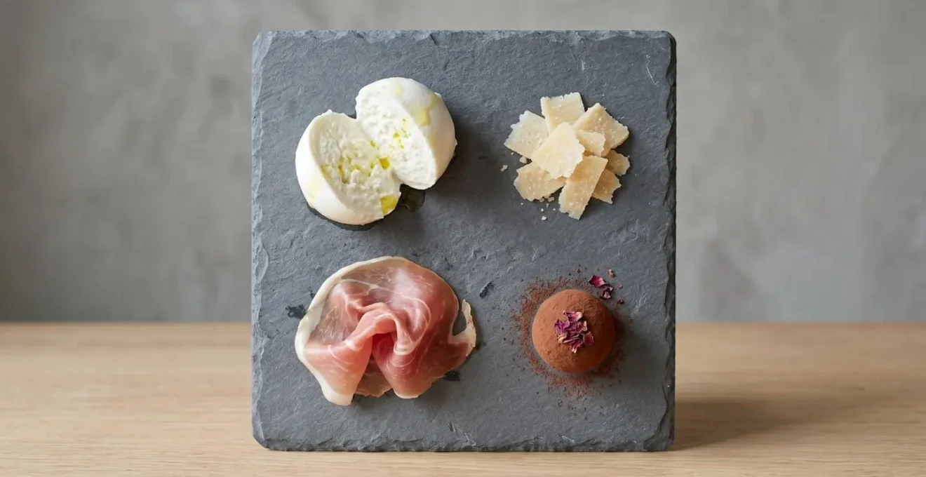 Sélection harmonieuse de produits italiens : mozzarella di bufala, copeaux de parmigiano reggiano, jambon de Parme et crème de truffe sur ardoise grise