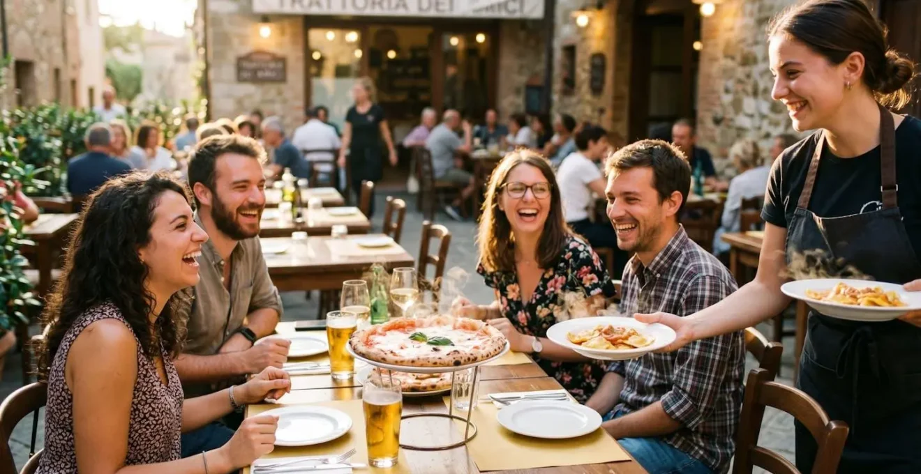 Tablée de quatre personnes riantes autour d'une pizza fumante sur une terrasse ensoleillée, serveuse souriante apportant un plat
