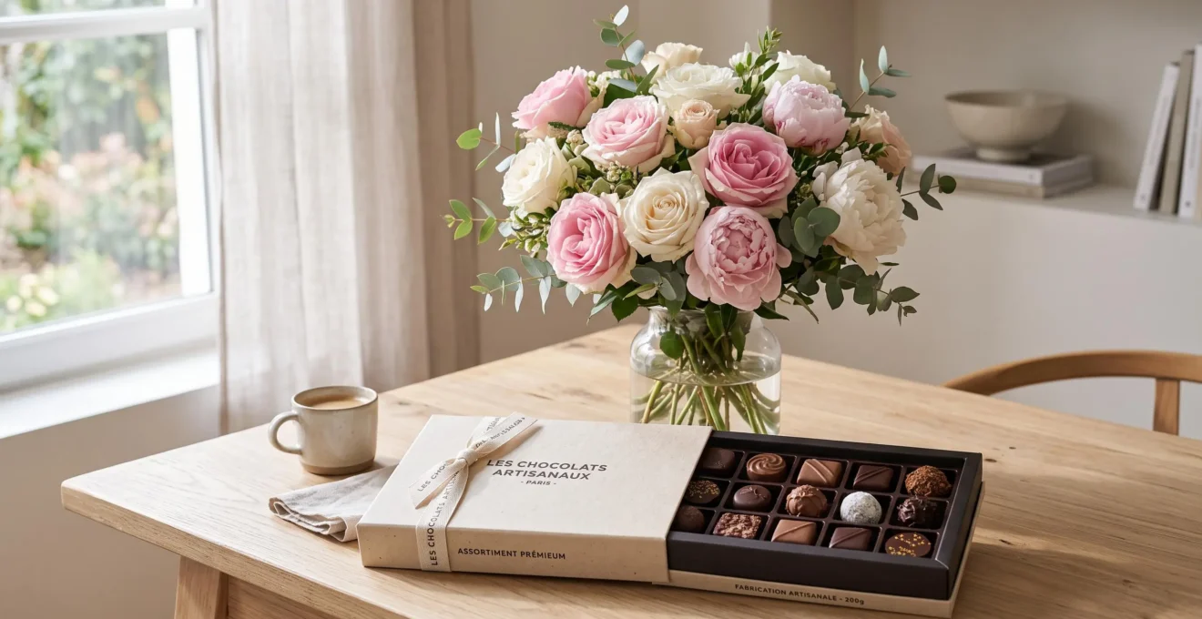 Bouquet de roses et pivoines roses disposé sur une table en bois clair à côté d'un écrin ouvert contenant un assortiment de chocolats fins, dans une lumière naturelle douce