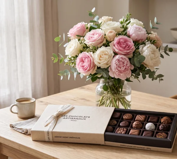 Bouquet de roses et pivoines roses disposé sur une table en bois clair à côté d'un écrin ouvert contenant un assortiment de chocolats fins, dans une lumière naturelle douce