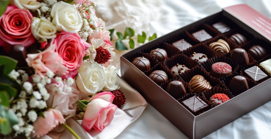 Main féminine sélectionnant un chocolat praliné dans un assortiment ouvert, avec un bouquet de pivoines roses en arrière-plan flouté