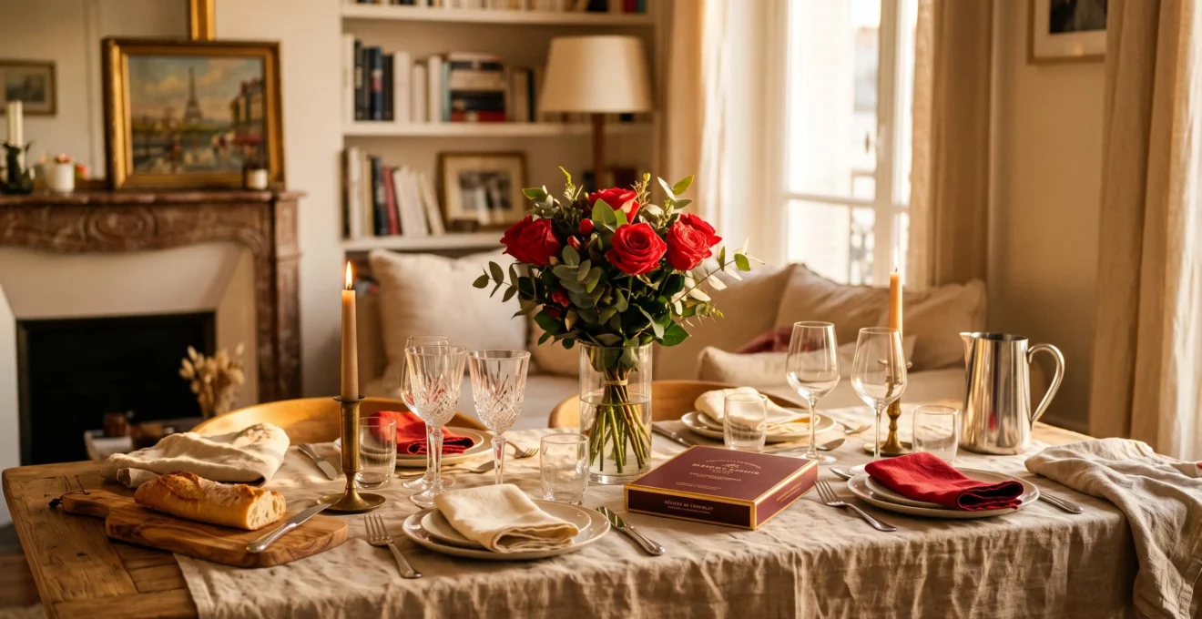 Table dressée pour la Saint-Valentin avec bouquet de roses rouges, coffret de chocolats fermé et deux coupes en cristal dans une lumière dorée