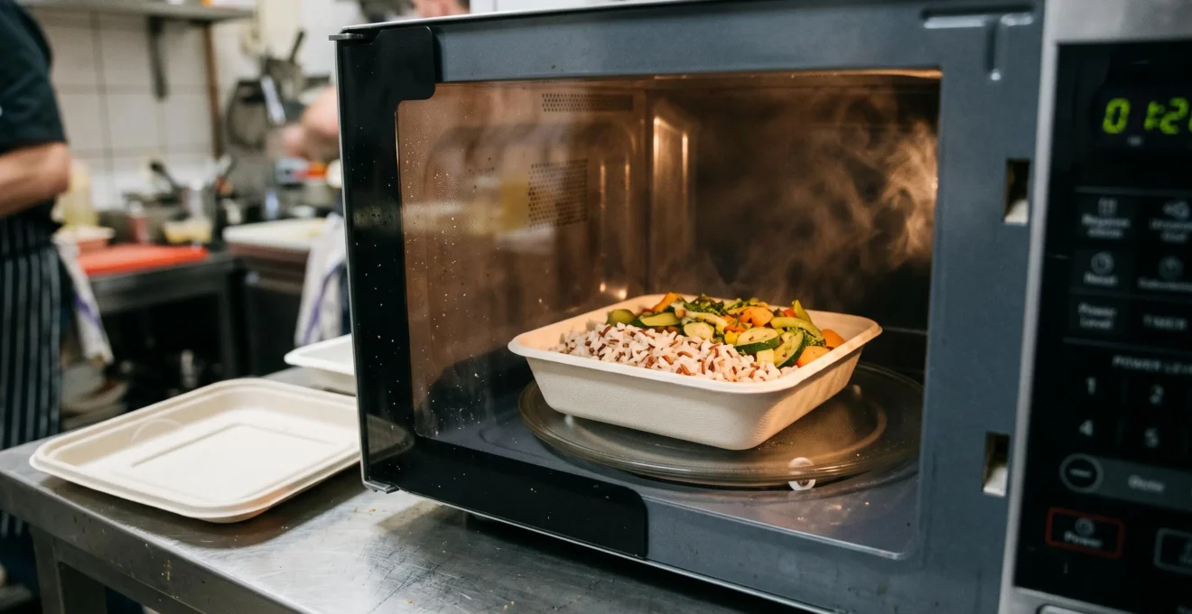 Une barquette en bagasse contenant un plat chaud est réchauffée dans un micro-ondes, son couvercle posé à côté sur le plan de travail.