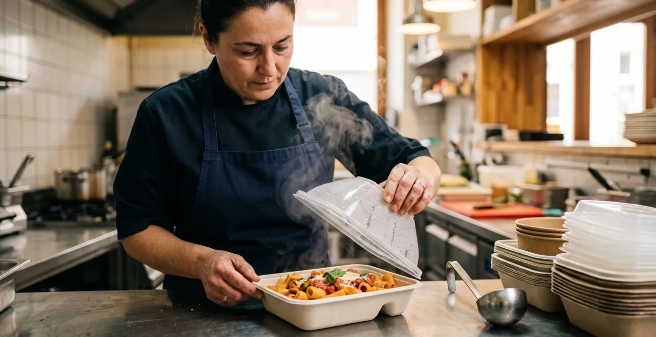 Un chef soulève le couvercle d'une barquette compostable remplie de pâtes en sauce dans une cuisine de vente à emporter.