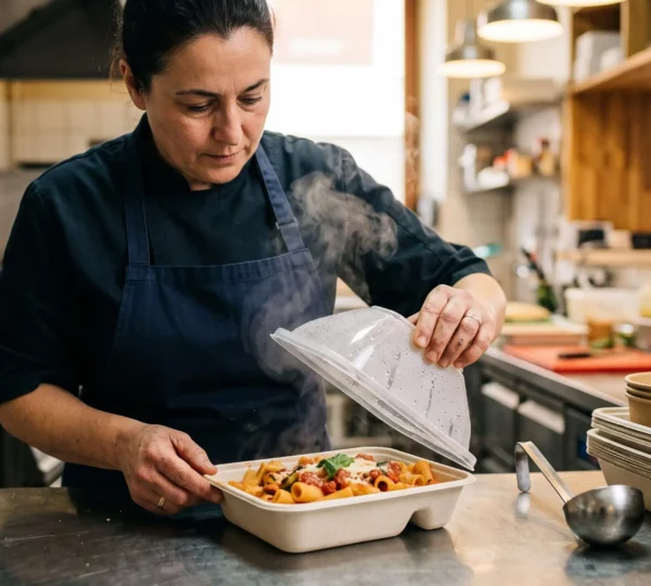 Un chef soulève le couvercle d'une barquette compostable remplie de pâtes en sauce dans une cuisine de vente à emporter.