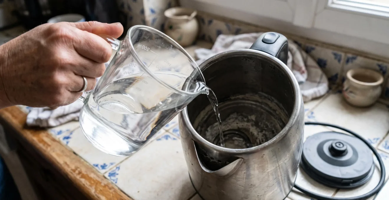 Une main verse une solution de vinaigre blanc dans une théière électrique ouverte dont le fond présente des dépôts de tartre.