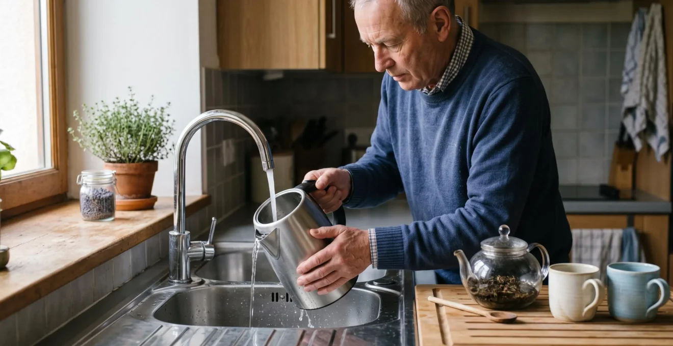 Un homme senior rince une théière électrique sous l'eau du robinet dans une cuisine, une théière en verre et des tasses posées à côté.