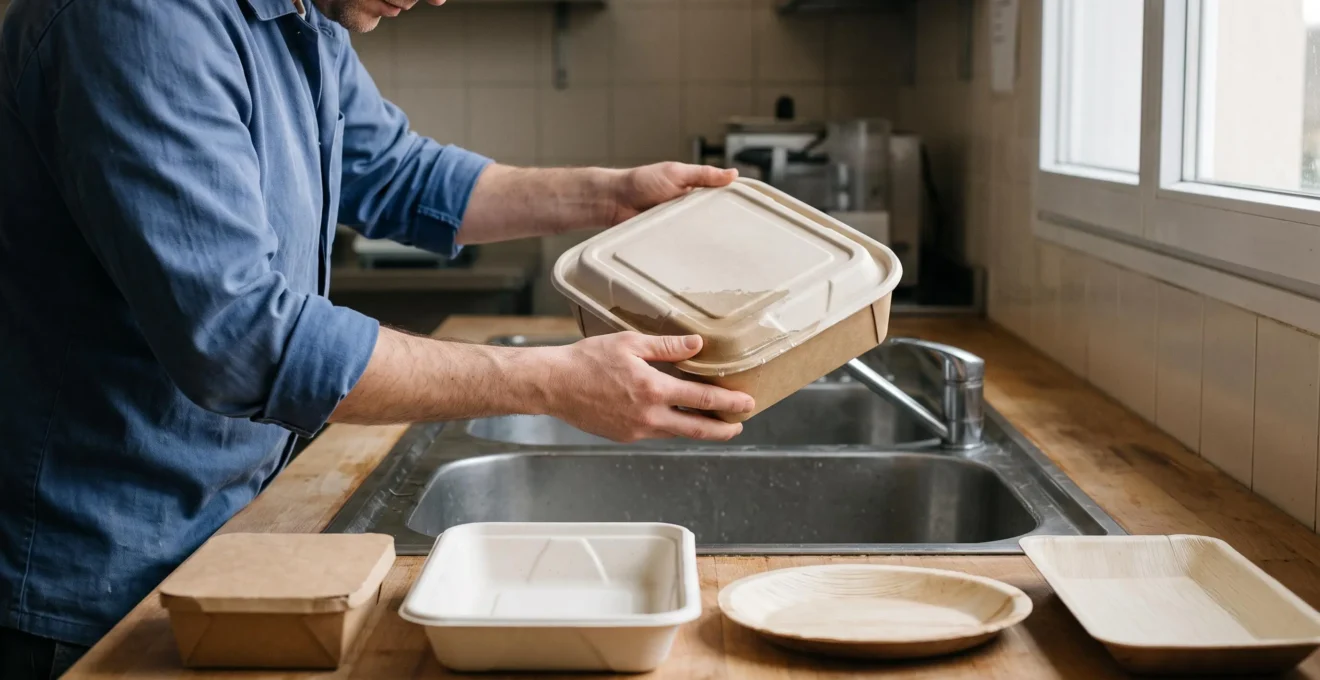 Un professionnel teste l'étanchéité d'une barquette en kraft fermée par-dessus un évier, plusieurs formats posés sur la table.