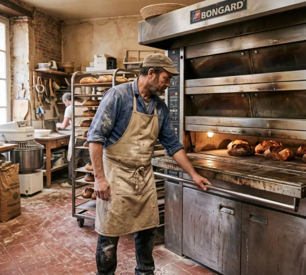 Un boulanger inspecte le four de son fournil dans une boulangerie artisanale en activité.