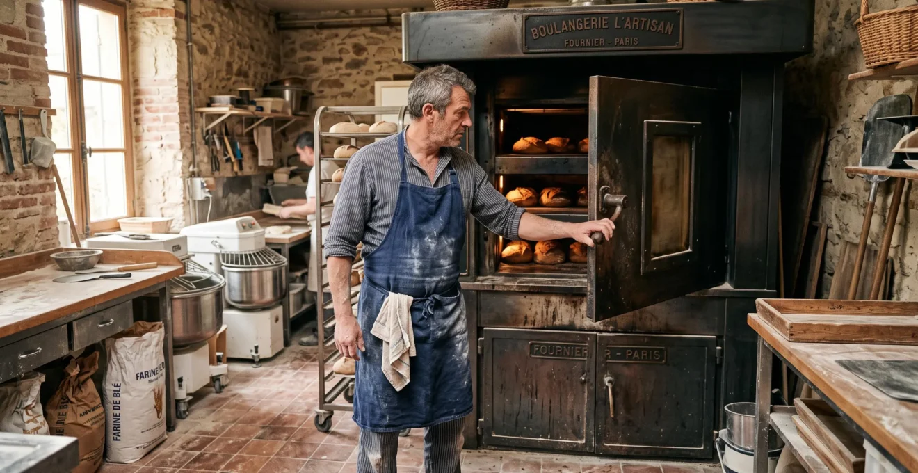 Un boulanger inspecte le four de son fournil dans une boulangerie artisanale en activité.
