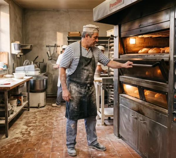 Un boulanger inspecte le four de son fournil dans une boulangerie artisanale en activité.