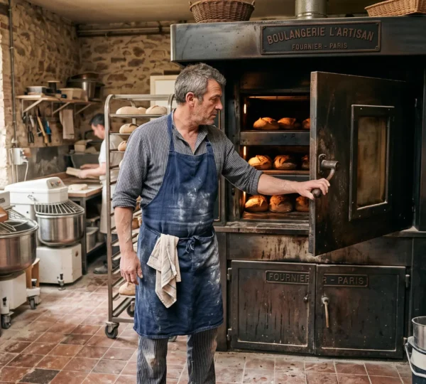 Un boulanger inspecte le four de son fournil dans une boulangerie artisanale en activité.